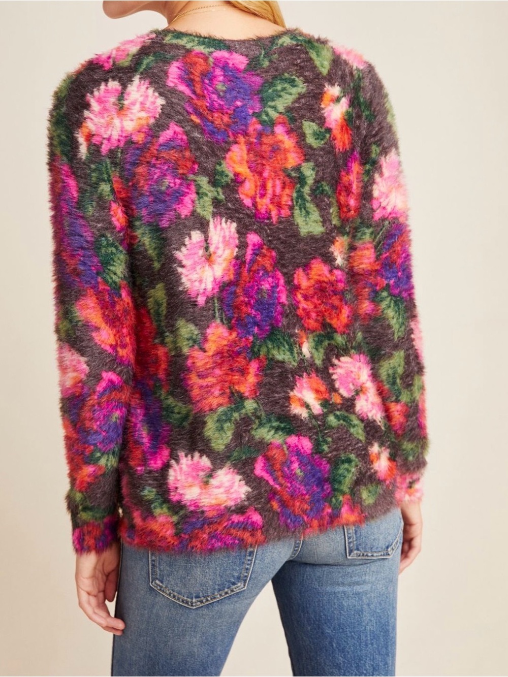 Anthropologie Meadow Rue Ariel Eyelash Floral Fuzzy Knit Sweater Large - Picture 3 of 15